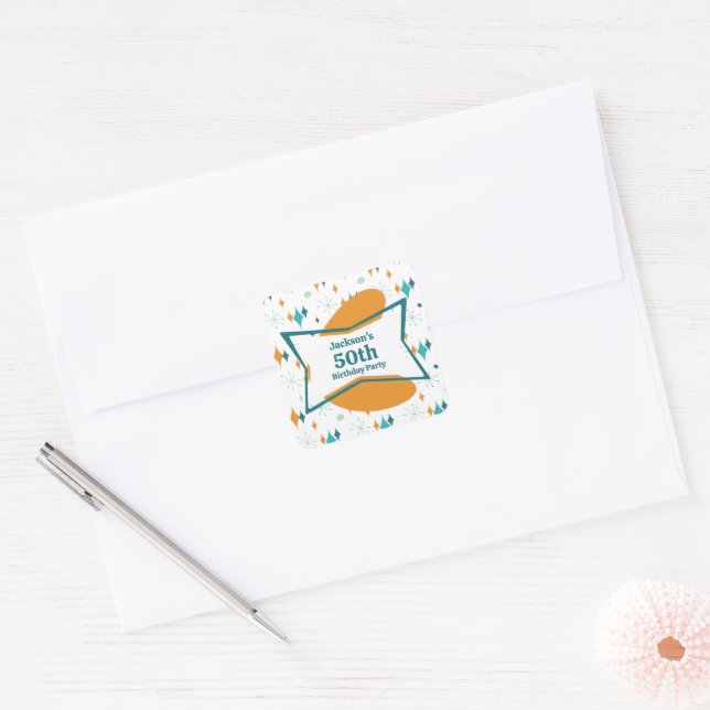 50th Birthday Party Retro Mid Century Any Age Square Sticker (Envelope)