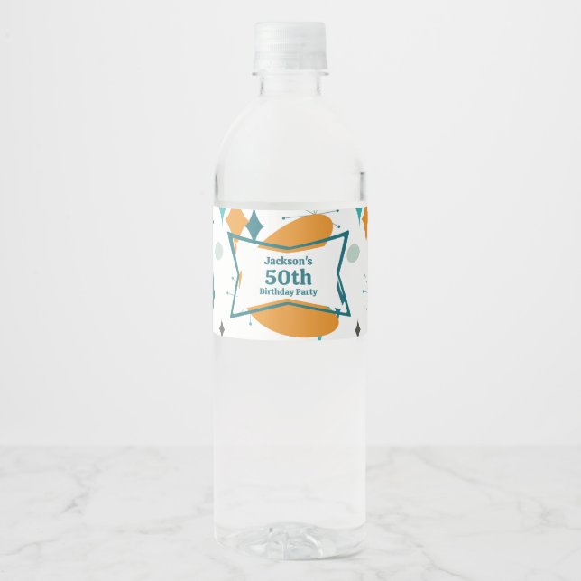 50th Birthday Party Retro Mid Century Any Age Water Bottle Label (Front)