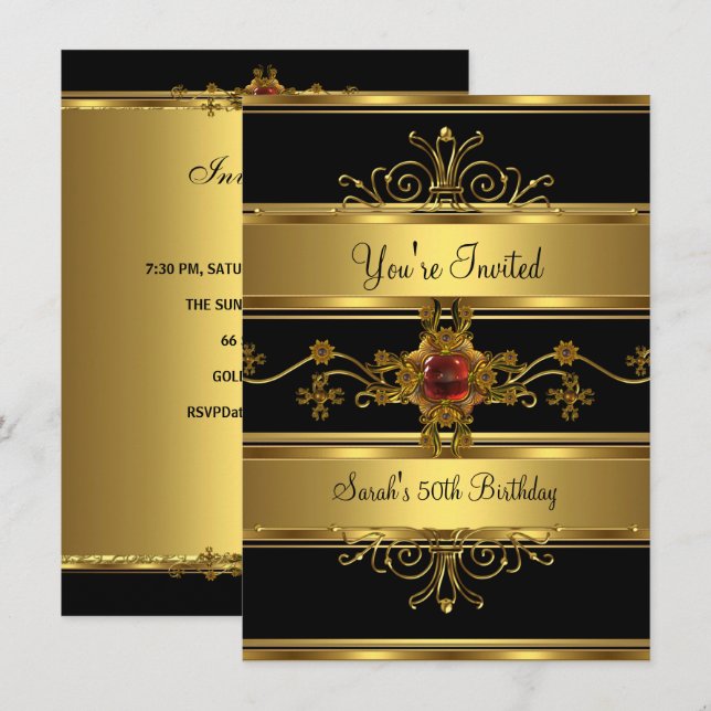 50th Birthday Party Rich Gold Black Red Jewel Invitation (Front/Back)