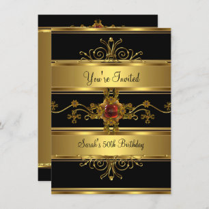 50th Birthday Party Rich Gold Black Red Jewel Invitation