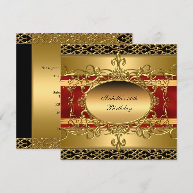 50th Birthday Party Rich Red Gold Flourish Invitation (Front/Back)