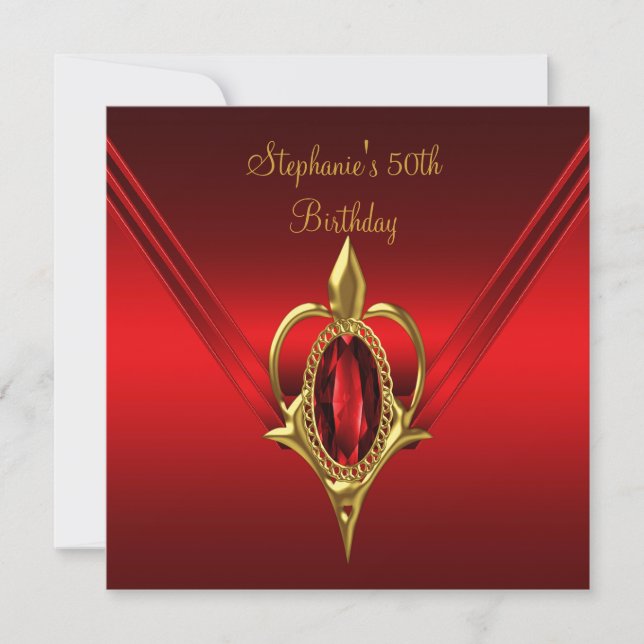 50th Birthday Party Rich Red Silk Gold Diamond Invitation (Front)