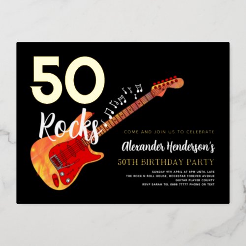 50th Birthday Party Rock and Roll Gold Foil Foil Invitation Postcard
