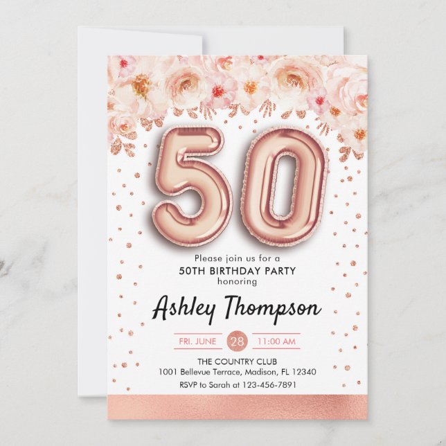 50th Birthday Party - Rose Gold Balloons Invitation (Front)