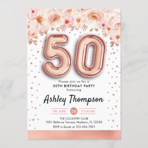 50th Birthday Party - Rose Gold Balloons Invitation