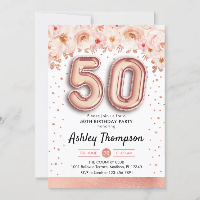 50th Birthday Party - Rose Gold Balloons Invitation | Zazzle