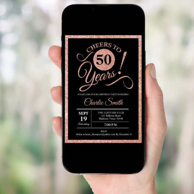 50th Birthday Party - Rose Gold Black ANY AGE Invitation (Front Digital)