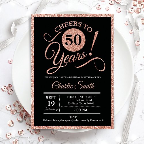 50th Birthday Party _ Rose Gold Black ANY AGE Invitation