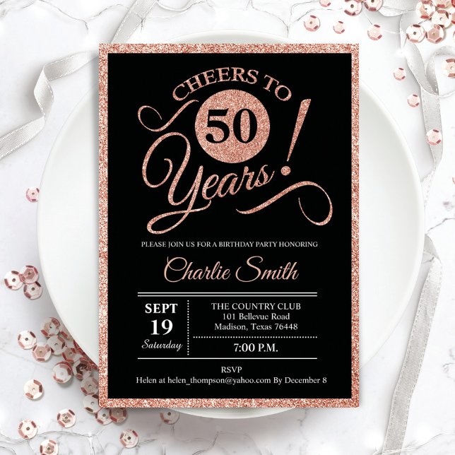 50th Birthday Party - Rose Gold Black ANY AGE Invitation (Creator Uploaded)
