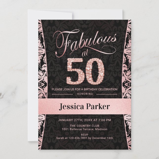 50th Birthday Party - Rose Gold Black Invitation (Front)