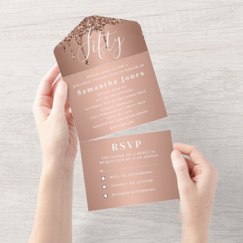 50th Birthday Party Rose Gold Bold Chic Modern All In One Invitation