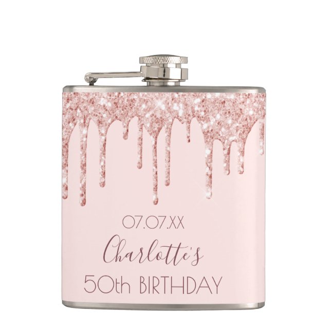50th birthday party rose gold drips pink flask (Front)