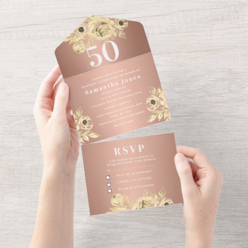 50th Birthday Party Rose Gold Floral RSVP Modern All In One Invitation