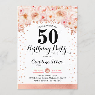 50th Birthday Party - Rose Gold Flowers Invitation