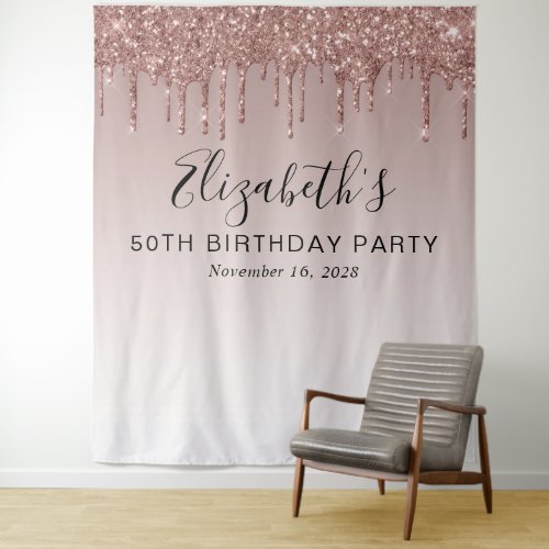 50th Birthday Party Rose Gold Glitter Backdrop