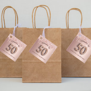 50th Birthday party rose gold glitter balloon text Favor Tags