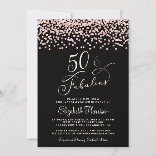 50th Birthday Party Rose Gold Glitter Black Invitation