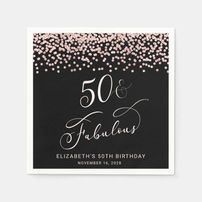50th Birthday Party Rose Gold Glitter Black Napkins (Front)
