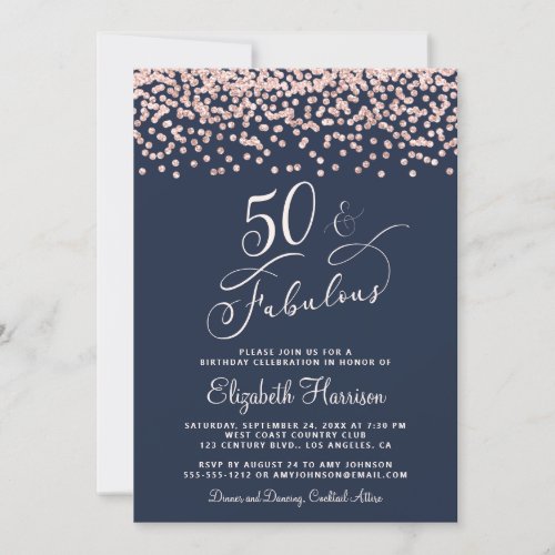 50th Birthday Party Rose Gold Glitter Blue Invitation
