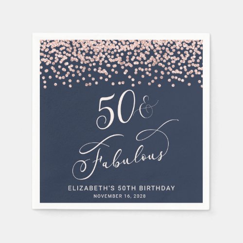 50th Birthday Party Rose Gold Glitter Blue Napkins