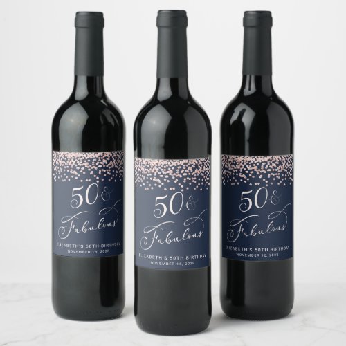 50th Birthday Party Rose Gold Glitter Blue Wine Label