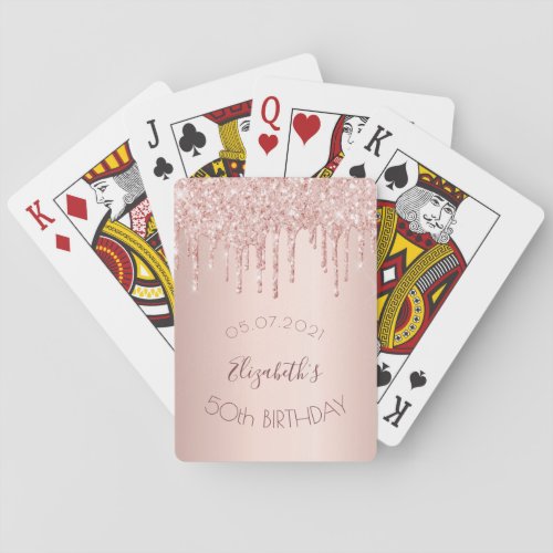 50th birthday party rose gold glitter drips glam poker cards
