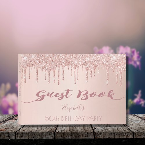 50th birthday party rose gold glitter drips pink guest book