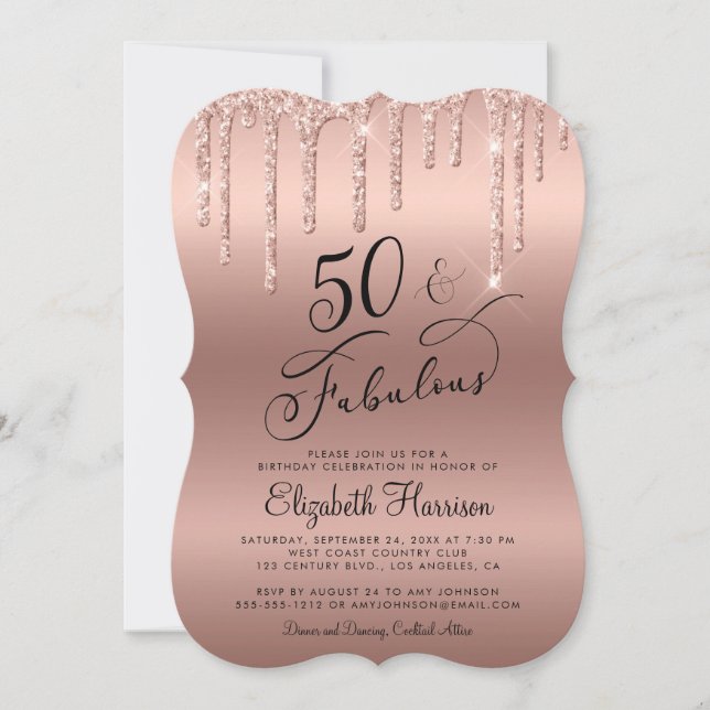50th Birthday Party Rose Gold Glitter Invitation (Front)