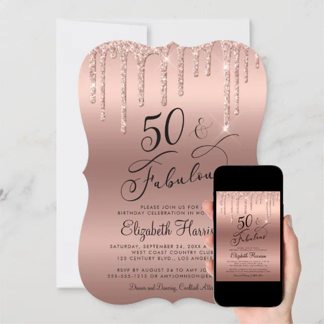 50th Birthday Party Rose Gold Glitter Invitation Zazzle 5410