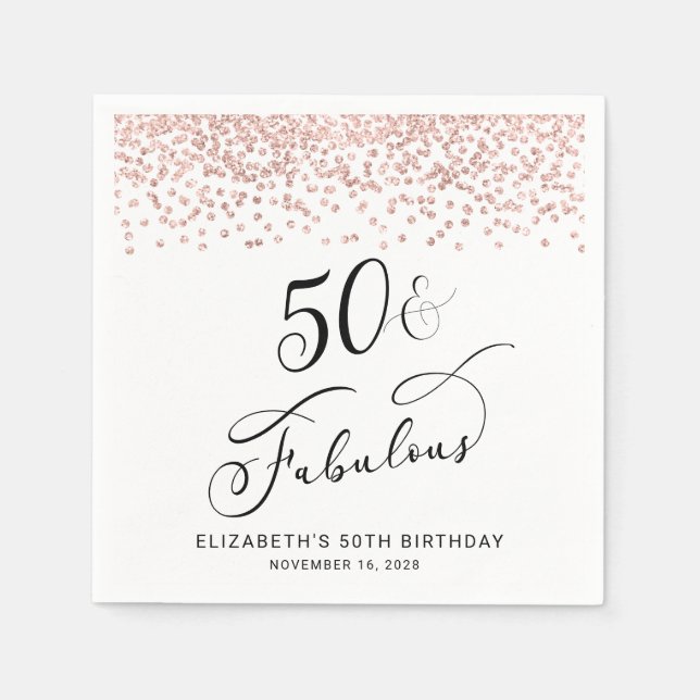 50th Birthday Party Rose Gold Glitter Napkins (Front)