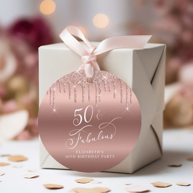 50th Birthday Party Rose Gold Glitter Thank You Favor Tags (Creator Uploaded)