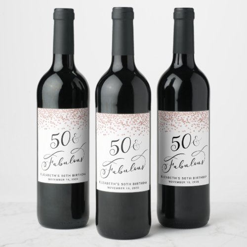 50th Birthday Party Rose Gold Glitter Wine Label