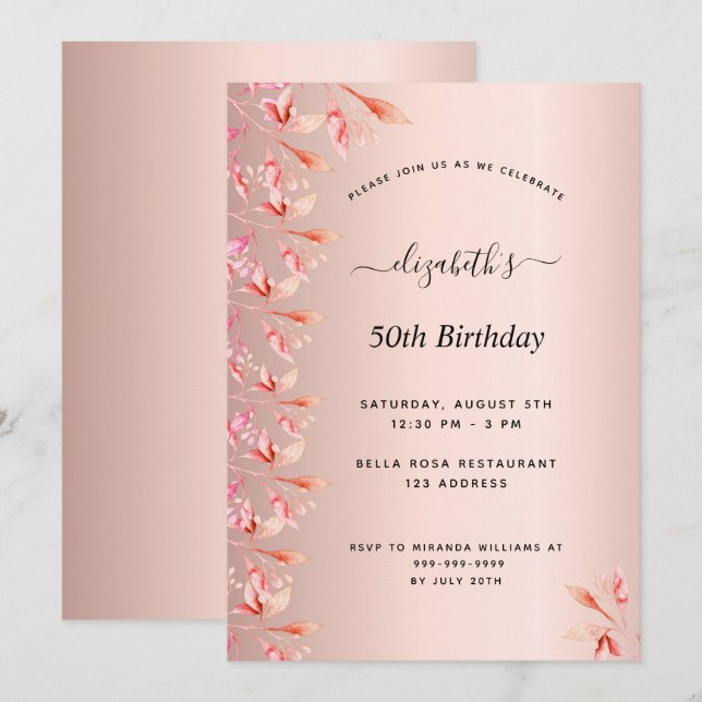 50th birthday party rose gold pink florals foil invitation (Front/Back)