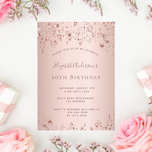 50th birthday party rose gold stars sprinkle invitation