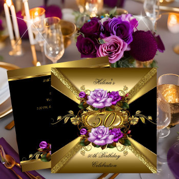 50th Birthday Party Roses Purple Gold Black Invitation by Zizzago at Zazzle