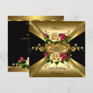 50th Birthday Party Roses Red Cream Gold Invitation