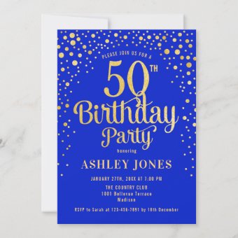 50th Birthday Party - Royal Blue & Gold Invitation | Zazzle