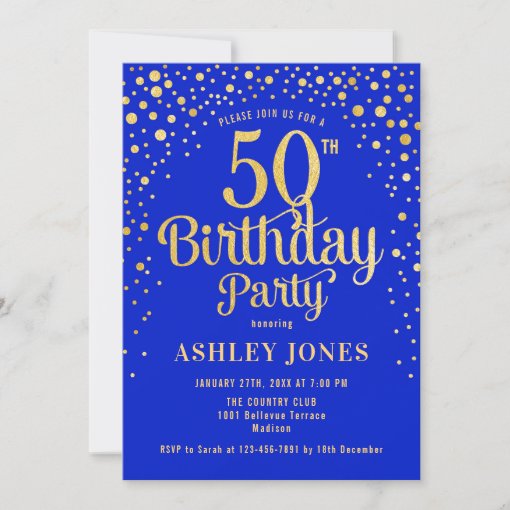 50th Birthday Party - Royal Blue & Gold Invitation 