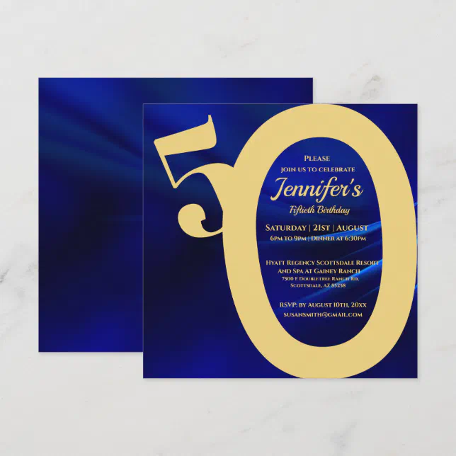50th Birthday Party Royal Blue & Gold Invitation | Zazzle