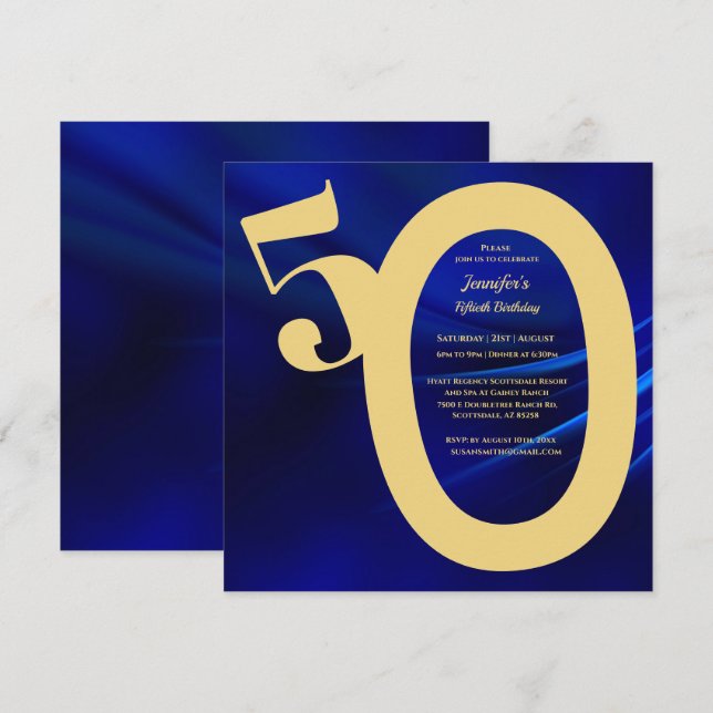50th Birthday Party Royal Blue & Gold  Invitation (Front/Back)