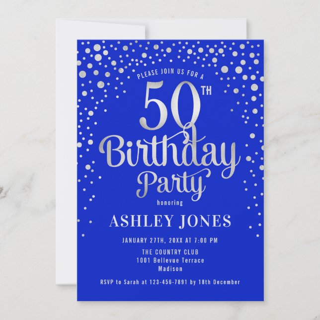 50th Birthday Party - Royal Blue & Silver Invitation (Front)
