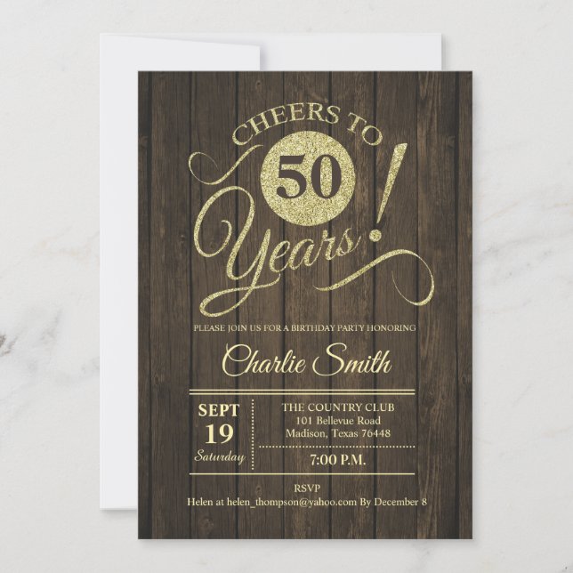 50th Birthday Party - Rustic Brown Wood Gold Invitation (Front)