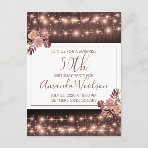 50th Birthday Party Rustic String Lights Floral Postcard