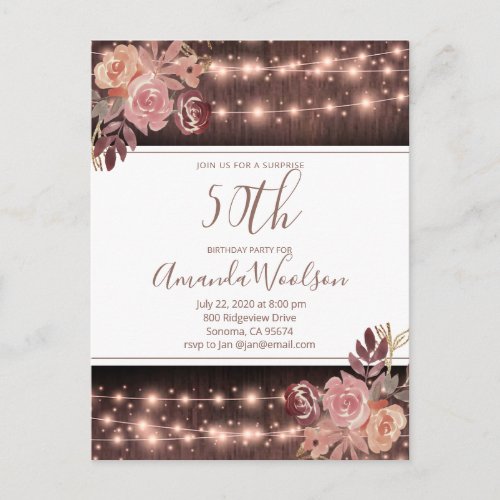 50th Birthday Party Rustic String Lights Florals P Postcard