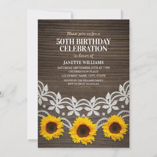 50th Birthday Party Rustic Sunflowers and Lace Invitation