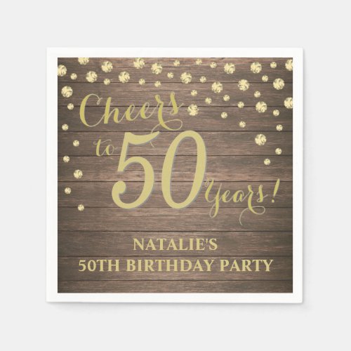 50th Birthday Party Rustic Wood and Gold Diamond Napkins
