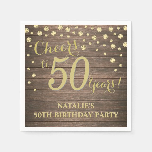 50th Birthday Party Rustic Wood and Gold Diamond Napkins (Front)