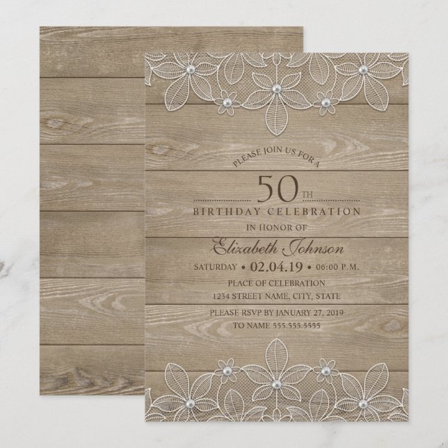 50th birthday party Rustic Wood Unique Lace Invitation (Front/Back)