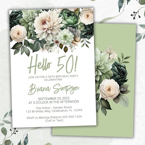 50th Birthday Party Sage Green Floral Invitation