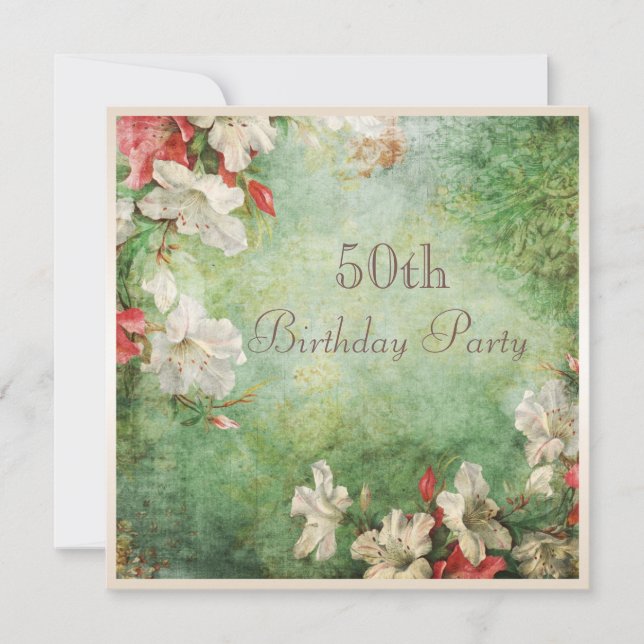 50th Birthday Party Shabby Chic Hibiscus Flowers Invitation (Front)